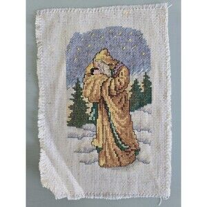 Finished Crosstitch Victorian Santa Claus Baby Jesus Winter Scene 8x5.5" Project